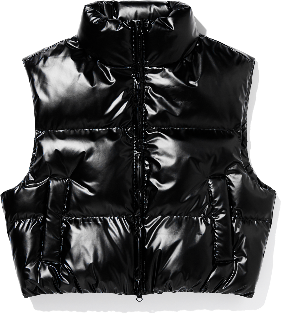 High Glossy Puffer Crop Padded Vest - Black