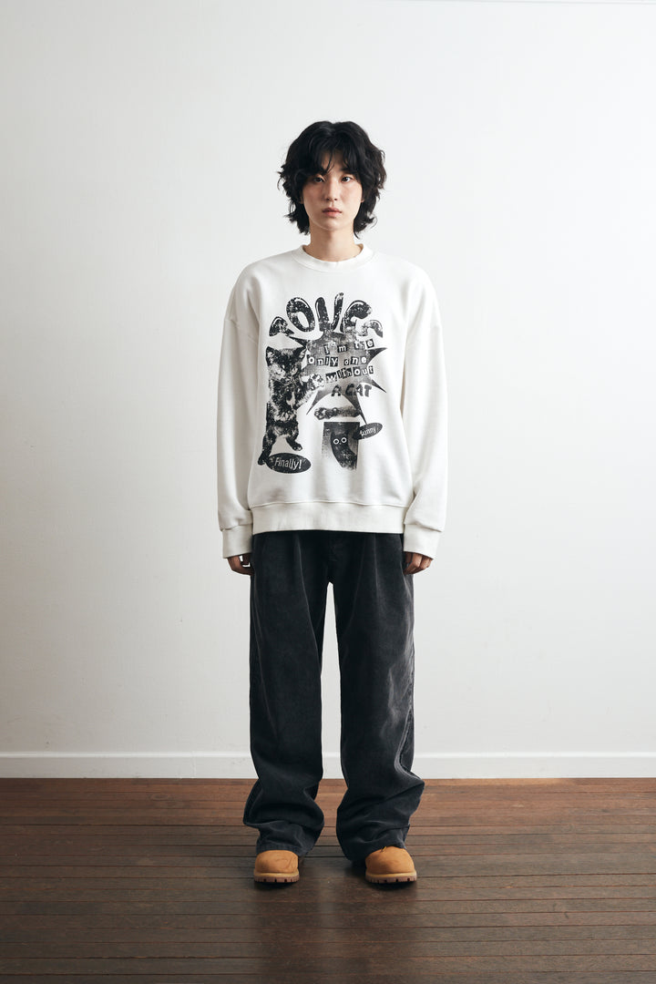 Sweety Cat Pigment Man to Sweatshirt -  White