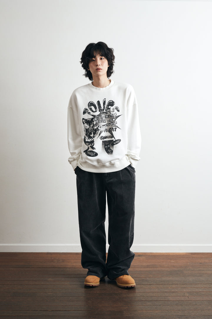 Sweety Cat Pigment Man to Sweatshirt -  White