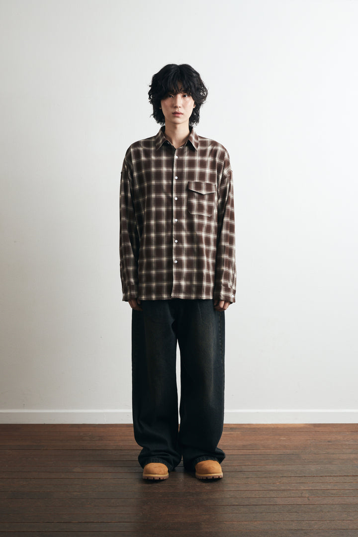 One Pocket City Ombre Check Shirt - Brown