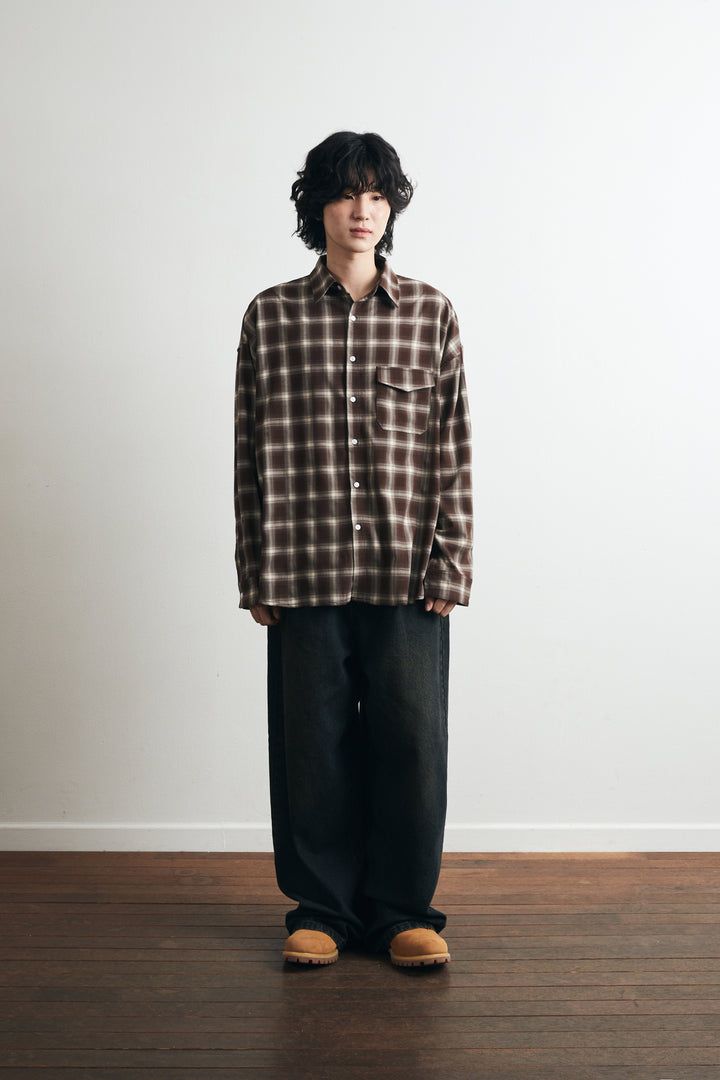 One Pocket City Ombre Check Shirt - Brown