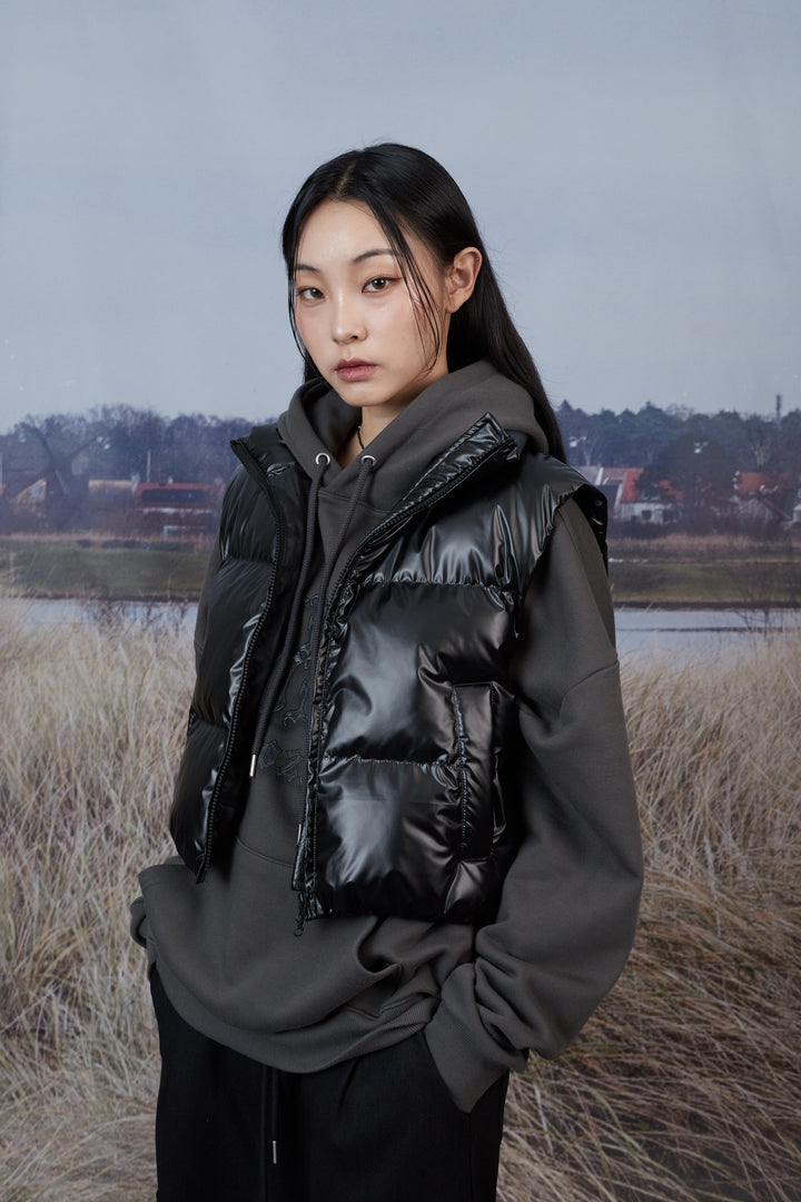 High Glossy Puffer Crop Padded Vest - Black