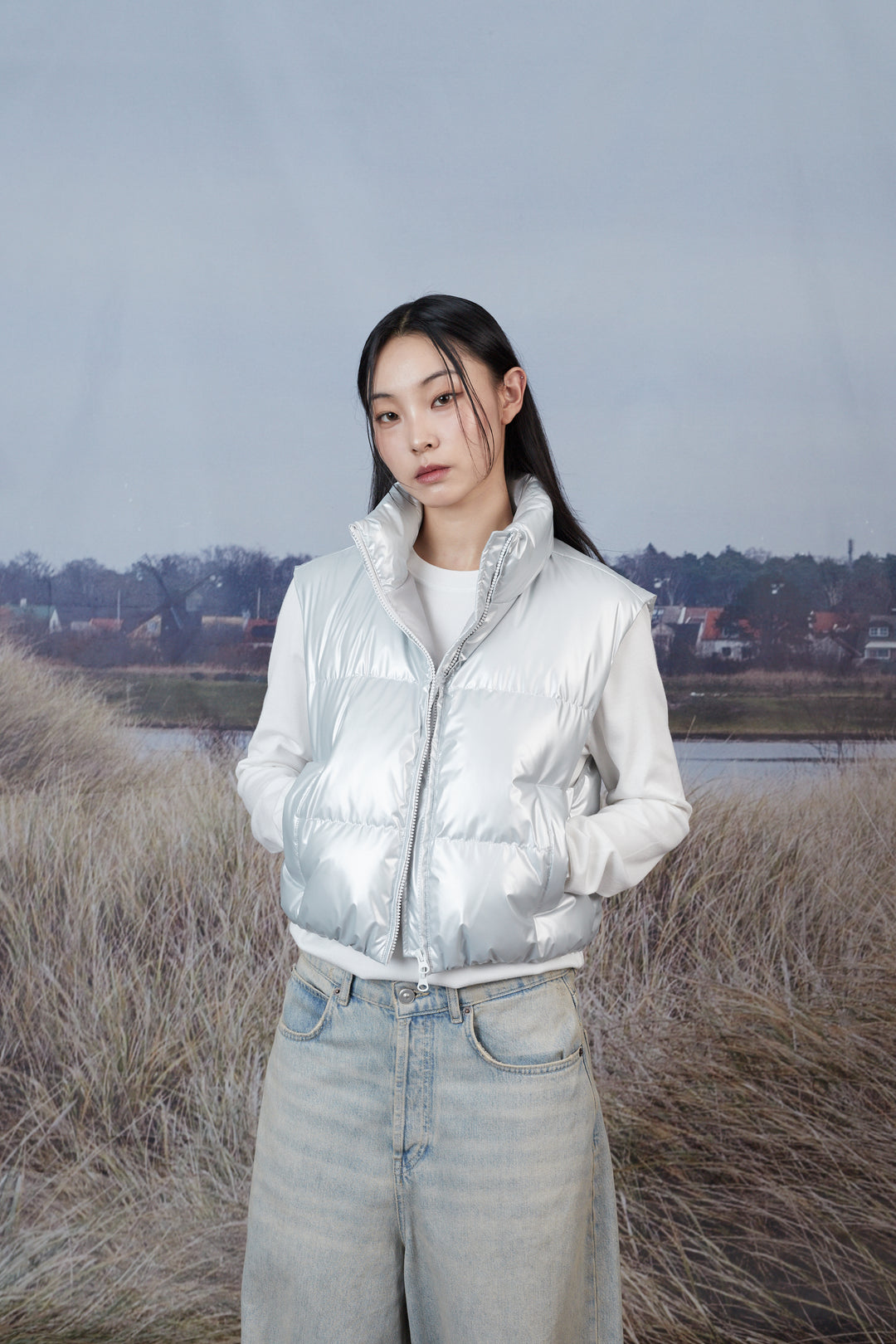 High Glossy Puffer Crop Padded Vest - silver