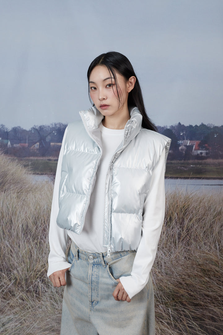 High Glossy Puffer Crop Padded Vest - silver